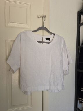 DKNY White Linen Blend Boxy Short-Sleeve Cropped Top